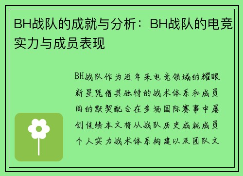 BH战队的成就与分析：BH战队的电竞实力与成员表现