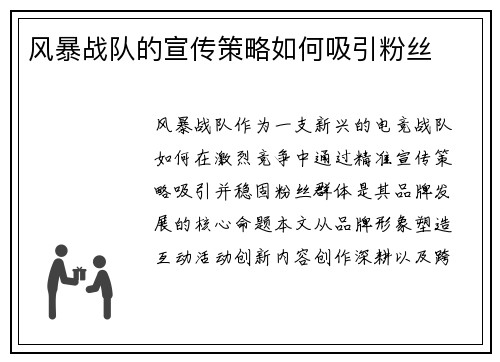 风暴战队的宣传策略如何吸引粉丝