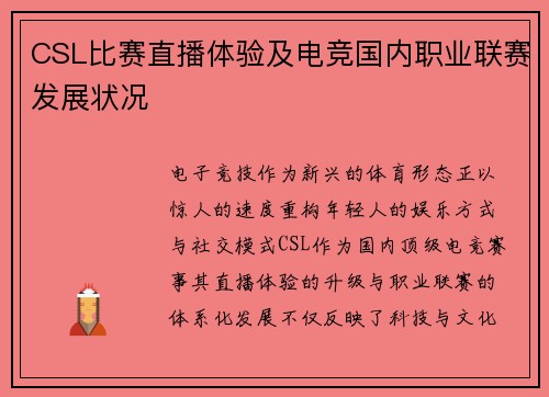 CSL比赛直播体验及电竞国内职业联赛发展状况